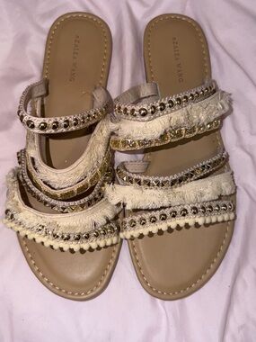 Azalea Wang Embellished Fringe Slide Sandals Size 11 | Boho Resort Neutral